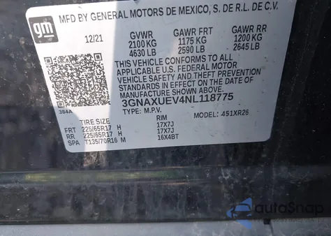 2022 Chevrolet Equinox Awd Lt из США, поврежденный, VIN 3GNAXUEV4NL118775